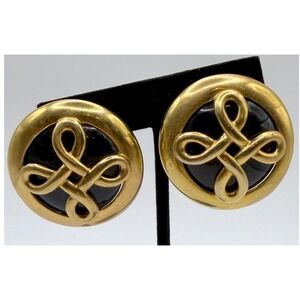 Gold Black Cabochon Clip On Earrings 1.5" Bold Vintage